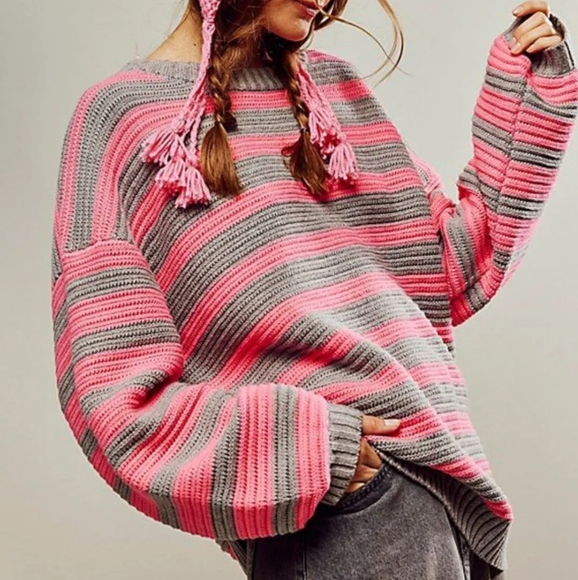Free People Vibrant Pink and Soft Gray Striped Sweater Links Pullover Large - Picture 1 of 6
